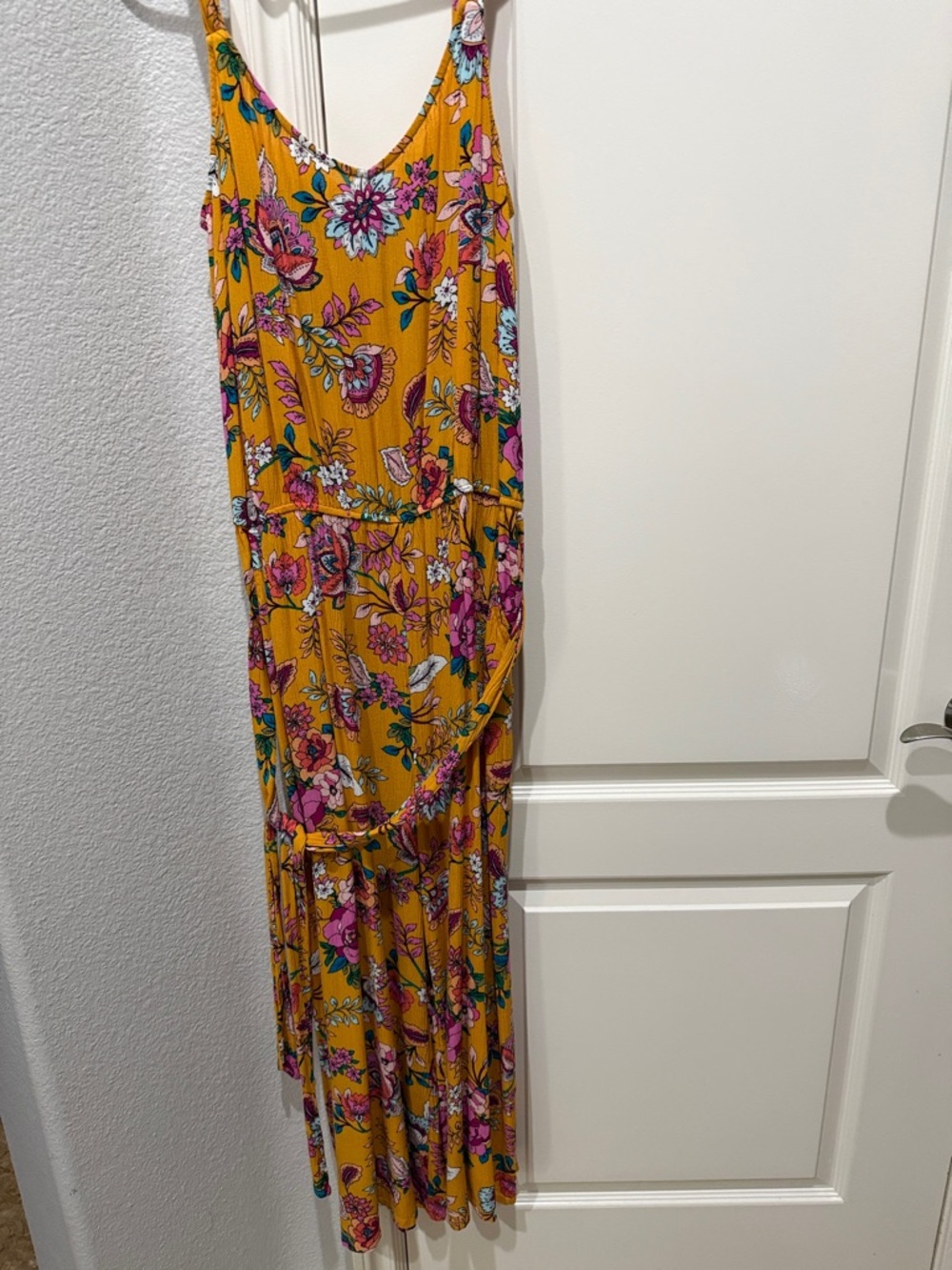 a.n.a NWOT Mustard Yellow Floral Wide-Leg Jumpsuit with pockets LARGE - Picture 2 of 8